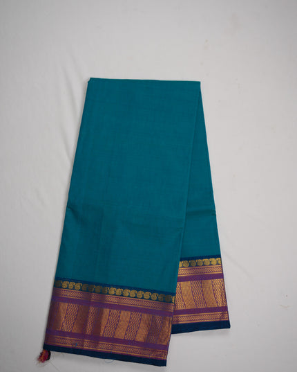 Premium Kanchi Handloom Cotton Saree in Turquoise Blue with Gold Zari Weaving & Contrast Royal Purple Border