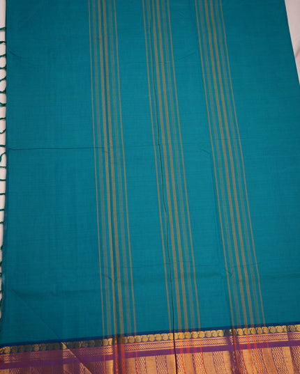 Premium Kanchi Handloom Cotton Saree in Turquoise Blue with Gold Zari Weaving & Contrast Royal Purple Border