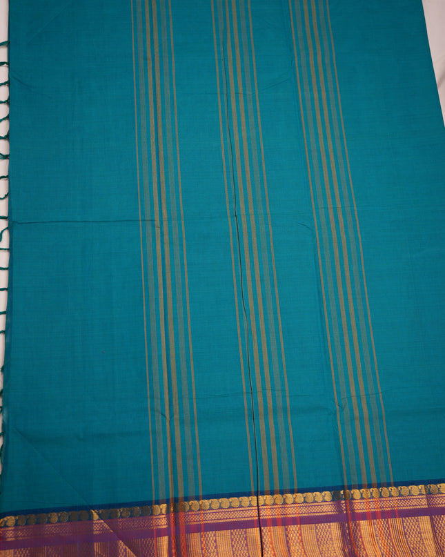 Premium Kanchi Handloom Cotton Saree in Turquoise Blue with Gold Zari Weaving & Contrast Royal Purple Border