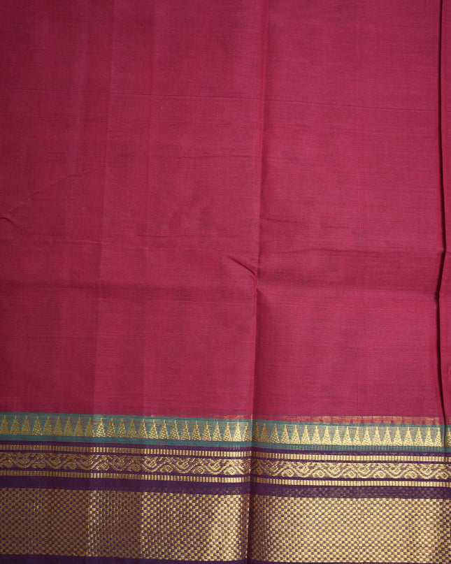 Premium Kanchi Handloom Cotton Saree in Ruby Red with Gold Zari Weaving & Contrast Emerald Green Border