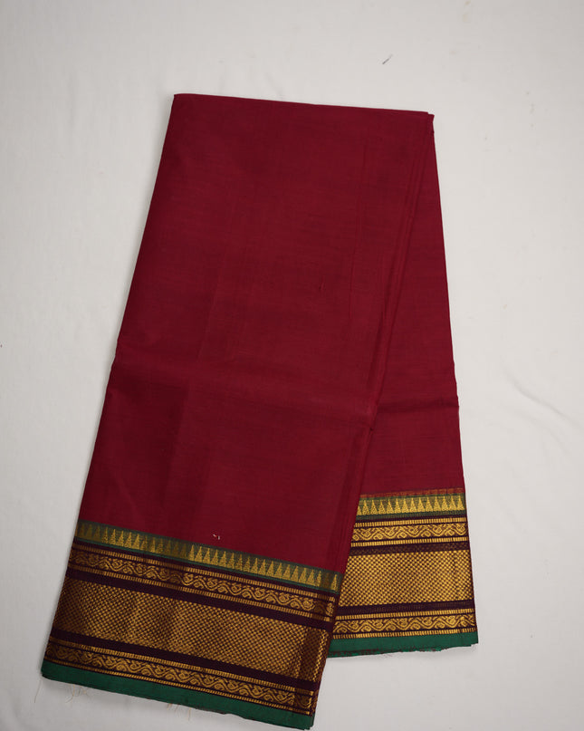 Premium Kanchi Handloom Cotton Saree in Ruby Red with Gold Zari Weaving & Contrast Emerald Green Border