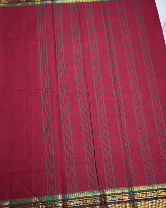 Premium Kanchi Handloom Cotton Saree in Ruby Red with Gold Zari Weaving & Contrast Emerald Green Border