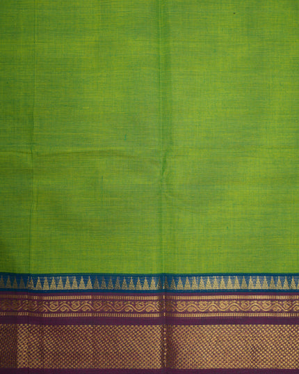 Premium Kanchi Handloom Cotton Saree in Fresh Parrot Green with Gold Zari Weaving & Contrast Maroon-Royal Blue Border