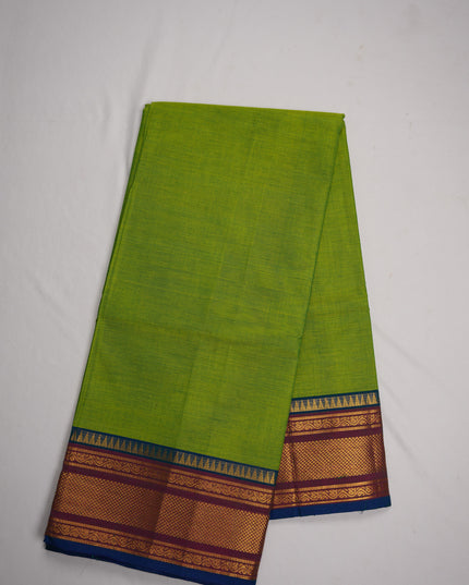 Premium Kanchi Handloom Cotton Saree in Fresh Parrot Green with Gold Zari Weaving & Contrast Maroon-Royal Blue Border