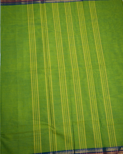 Premium Kanchi Handloom Cotton Saree in Fresh Parrot Green with Gold Zari Weaving & Contrast Maroon-Royal Blue Border