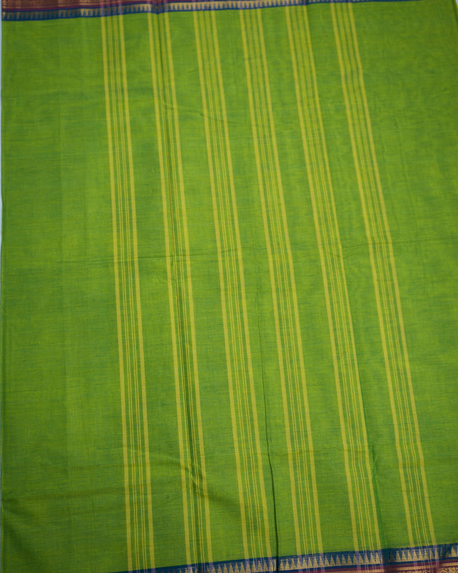 Premium Kanchi Handloom Cotton Saree in Fresh Parrot Green with Gold Zari Weaving & Contrast Maroon-Royal Blue Border