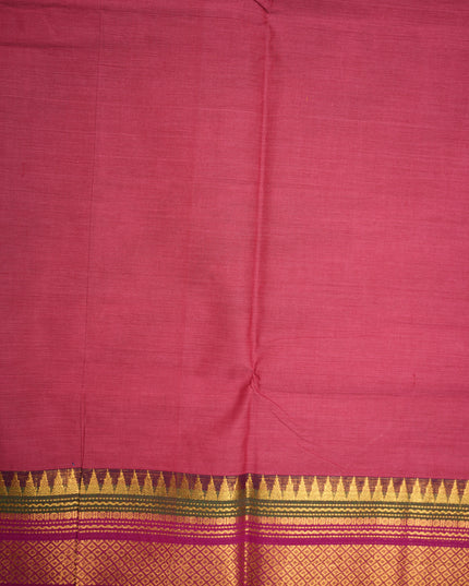 Premium Kanchi Handloom Cotton Saree in Elegant Rose Pink with Traditional Gold Zari Diamond Weaving & Contrast Emerald Green-Rani Pink-Royal Purple Border