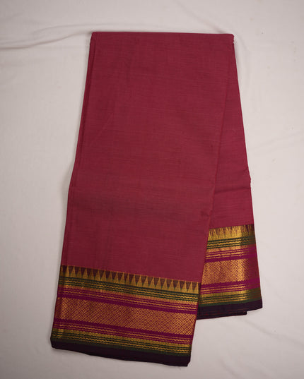 Premium Kanchi Handloom Cotton Saree in Elegant Rose Pink with Traditional Gold Zari Diamond Weaving & Contrast Emerald Green-Rani Pink-Royal Purple Border