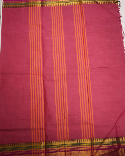 Premium Kanchi Handloom Cotton Saree in Elegant Rose Pink with Traditional Gold Zari Diamond Weaving & Contrast Emerald Green-Rani Pink-Royal Purple Border