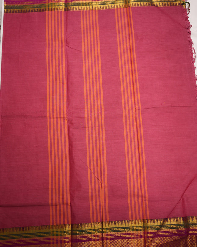 Premium Kanchi Handloom Cotton Saree in Elegant Rose Pink with Traditional Gold Zari Diamond Weaving & Contrast Emerald Green-Rani Pink-Royal Purple Border