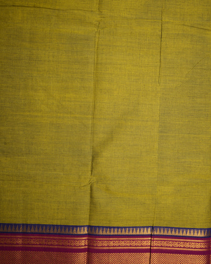 Premium Kanchi Handloom Cotton Saree in Olive Green with Rich Gold Zari Weaving & Contrast Maroon-Royal Blue Border