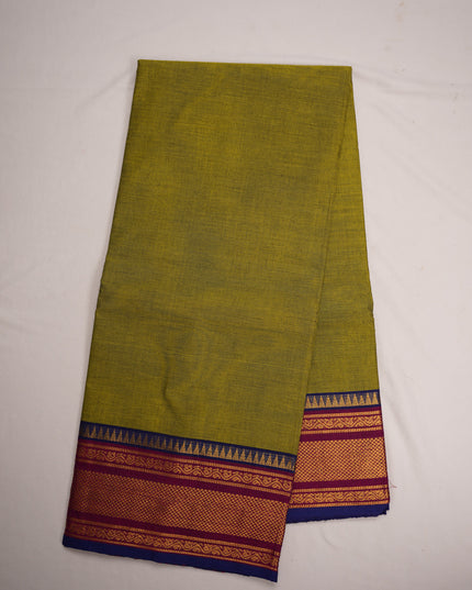 Premium Kanchi Handloom Cotton Saree in Olive Green with Rich Gold Zari Weaving & Contrast Maroon-Royal Blue Border
