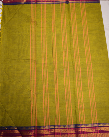 Premium Kanchi Handloom Cotton Saree in Olive Green with Rich Gold Zari Weaving & Contrast Maroon-Royal Blue Border