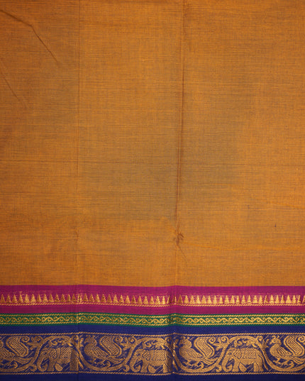 Premium Kanchi Handloom Cotton Saree in Rustic Mustard Brown with Rich Gold Zari Elephant-Peacock Weaving & Contrast Rani Pink-Emerald Green-Royal Blue Border