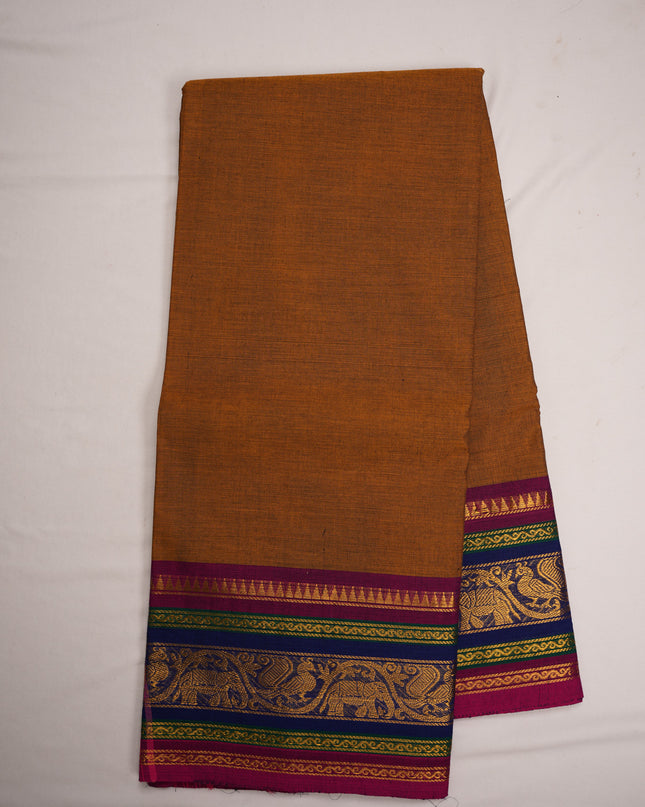 Premium Kanchi Handloom Cotton Saree in Rustic Mustard Brown with Rich Gold Zari Elephant-Peacock Weaving & Contrast Rani Pink-Emerald Green-Royal Blue Border