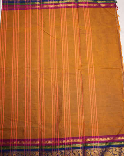 Premium Kanchi Handloom Cotton Saree in Rustic Mustard Brown with Rich Gold Zari Elephant-Peacock Weaving & Contrast Rani Pink-Emerald Green-Royal Blue Border
