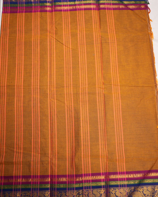 Premium Kanchi Handloom Cotton Saree in Rustic Mustard Brown with Rich Gold Zari Elephant-Peacock Weaving & Contrast Rani Pink-Emerald Green-Royal Blue Border