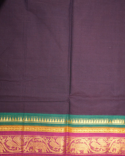 Premium Kanchi Handloom Cotton Saree in Deep Aubergine Purple with Rich Gold Zari Elephant-Peacock Weaving & Contrast Rani Pink-Emerald Green Border