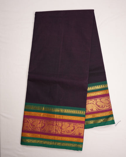 Premium Kanchi Handloom Cotton Saree in Deep Aubergine Purple with Rich Gold Zari Elephant-Peacock Weaving & Contrast Rani Pink-Emerald Green Border