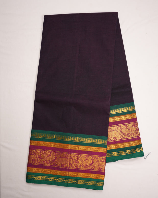 Premium Kanchi Handloom Cotton Saree in Deep Aubergine Purple with Rich Gold Zari Elephant-Peacock Weaving & Contrast Rani Pink-Emerald Green Border
