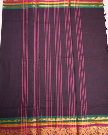 Premium Kanchi Handloom Cotton Saree in Deep Aubergine Purple with Rich Gold Zari Elephant-Peacock Weaving & Contrast Rani Pink-Emerald Green Border