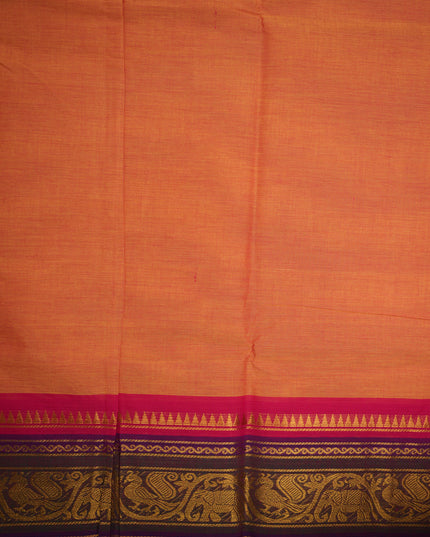 Premium Kanchi Handloom Cotton Saree in Soft Peach Orange with Rich Gold Zari Elephant-Peacock Weaving & Contrast Rani Pink-Royal Purple Border