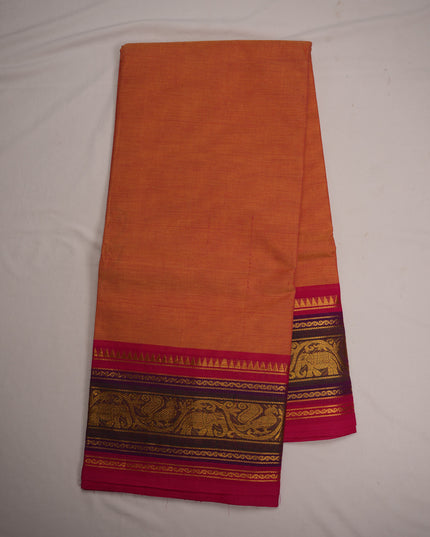 Premium Kanchi Handloom Cotton Saree in Soft Peach Orange with Rich Gold Zari Elephant-Peacock Weaving & Contrast Rani Pink-Royal Purple Border