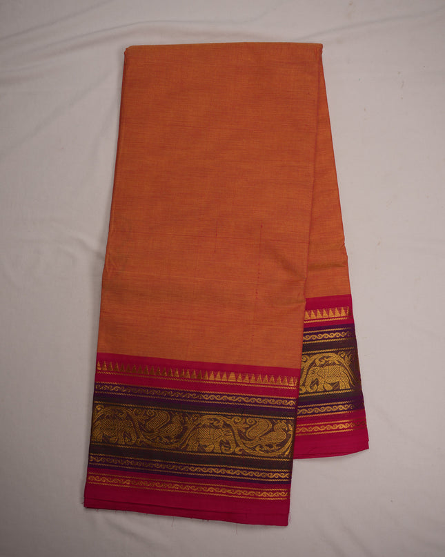 Premium Kanchi Handloom Cotton Saree in Soft Peach Orange with Rich Gold Zari Elephant-Peacock Weaving & Contrast Rani Pink-Royal Purple Border