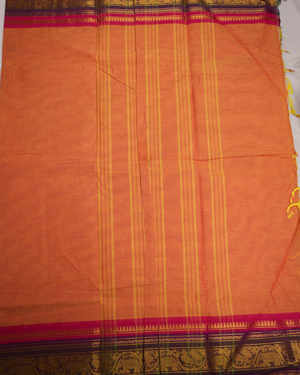 Premium Kanchi Handloom Cotton Saree in Soft Peach Orange with Rich Gold Zari Elephant-Peacock Weaving & Contrast Rani Pink-Royal Purple Border