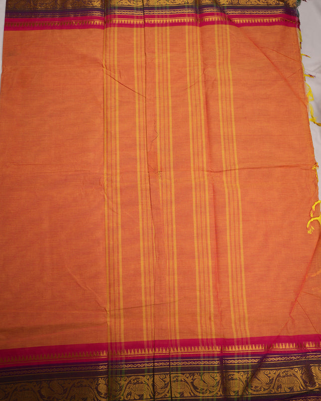 Premium Kanchi Handloom Cotton Saree in Soft Peach Orange with Rich Gold Zari Elephant-Peacock Weaving & Contrast Rani Pink-Royal Purple Border