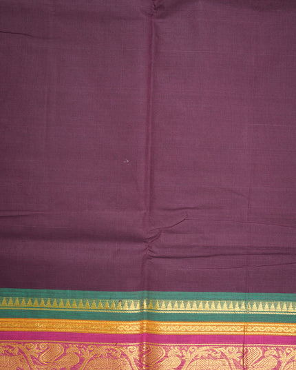 Premium Kanchi Handloom Cotton Saree in Deep Wine Plum with Rich Gold Zari Elephant-Peacock Weaving & Contrast Rani Pink-Emerald Green Border