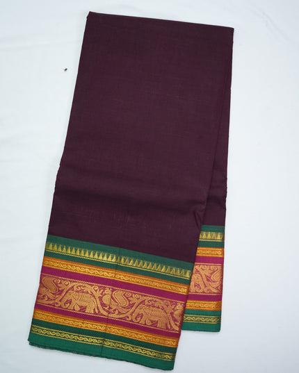 Premium Kanchi Handloom Cotton Saree in Deep Wine Plum with Rich Gold Zari Elephant-Peacock Weaving & Contrast Rani Pink-Emerald Green Border