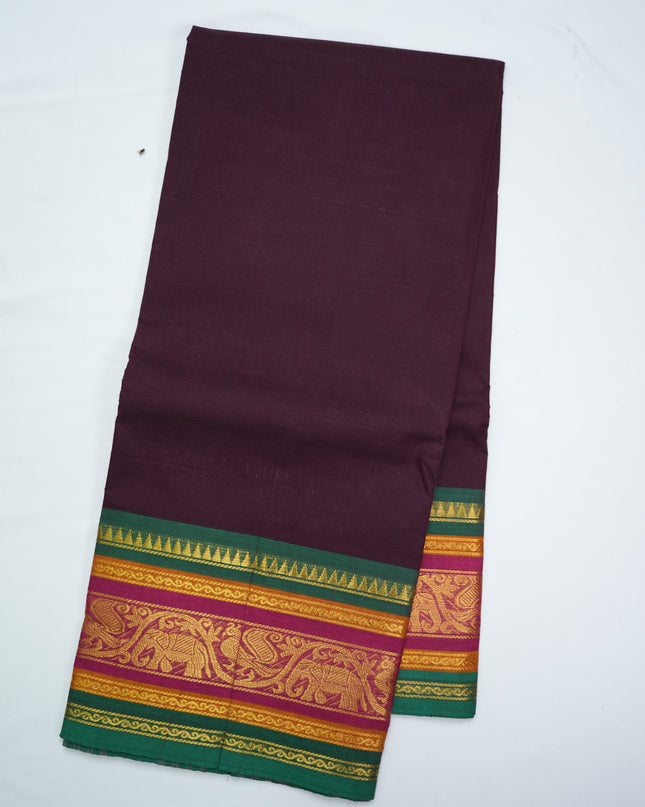 Premium Kanchi Handloom Cotton Saree in Deep Wine Plum with Rich Gold Zari Elephant-Peacock Weaving & Contrast Rani Pink-Emerald Green Border
