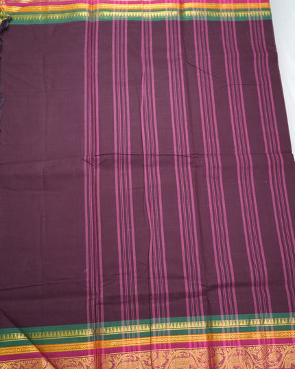 Premium Kanchi Handloom Cotton Saree in Deep Wine Plum with Rich Gold Zari Elephant-Peacock Weaving & Contrast Rani Pink-Emerald Green Border