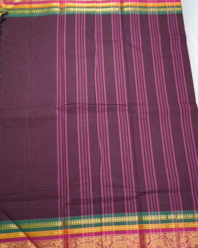 Premium Kanchi Handloom Cotton Saree in Deep Wine Plum with Rich Gold Zari Elephant-Peacock Weaving & Contrast Rani Pink-Emerald Green Border