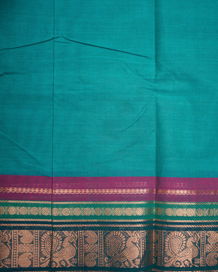 Premium Kanchi Handloom Cotton Saree in Teal Peacock Green with Gold Zari Peacock Weaving & Contrast Rani Pink Border