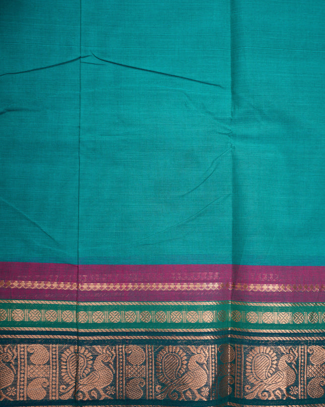 Premium Kanchi Handloom Cotton Saree in Teal Peacock Green with Gold Zari Peacock Weaving & Contrast Rani Pink Border