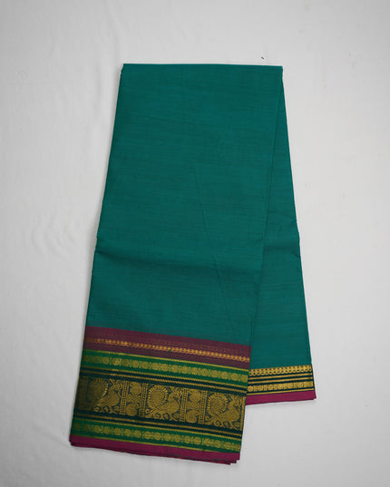 Premium Kanchi Handloom Cotton Saree in Teal Peacock Green with Gold Zari Peacock Weaving & Contrast Rani Pink Border