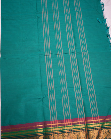 Premium Kanchi Handloom Cotton Saree in Teal Peacock Green with Gold Zari Peacock Weaving & Contrast Rani Pink Border