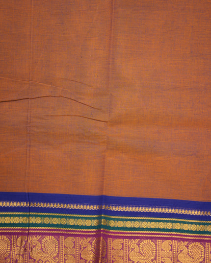 Premium Kanchi Handloom Cotton Saree in Rustic Copper Brown with Rich Gold Zari Paisley Weaving & Contrast Rani Pink-Emerald Green-Royal Blue Border