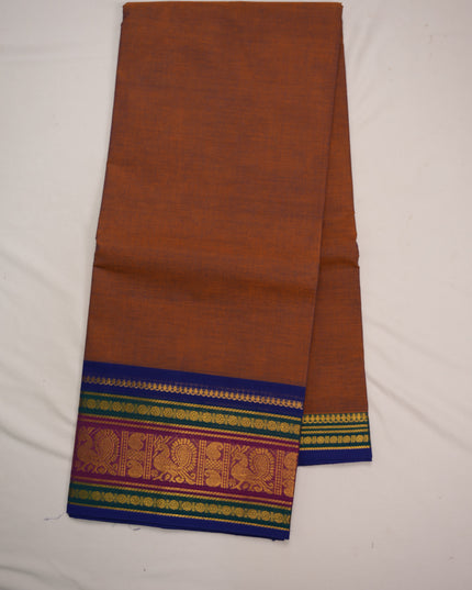 Premium Kanchi Handloom Cotton Saree in Rustic Copper Brown with Rich Gold Zari Paisley Weaving & Contrast Rani Pink-Emerald Green-Royal Blue Border