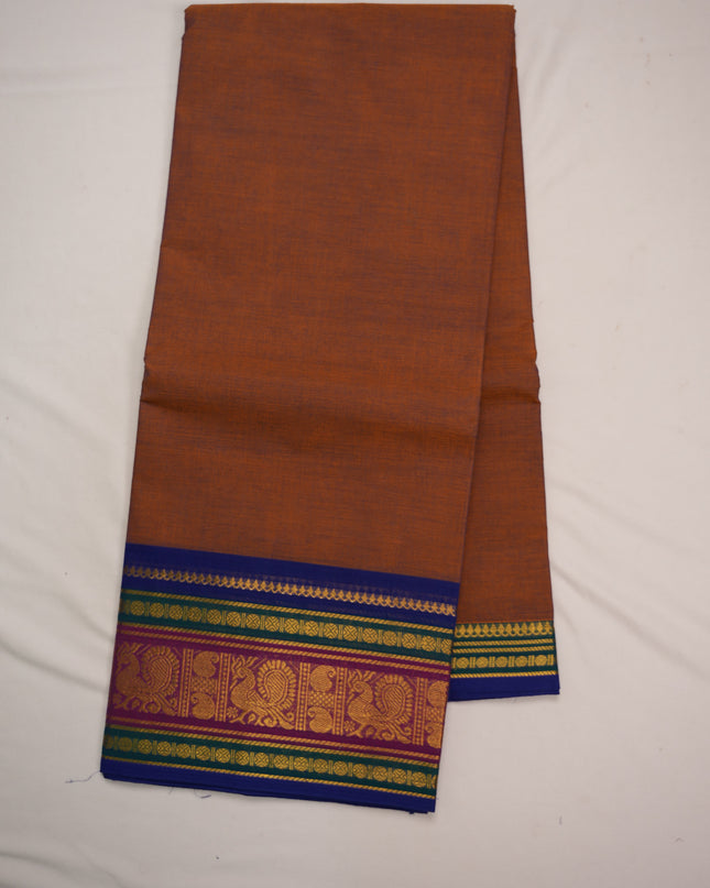Premium Kanchi Handloom Cotton Saree in Rustic Copper Brown with Rich Gold Zari Paisley Weaving & Contrast Rani Pink-Emerald Green-Royal Blue Border