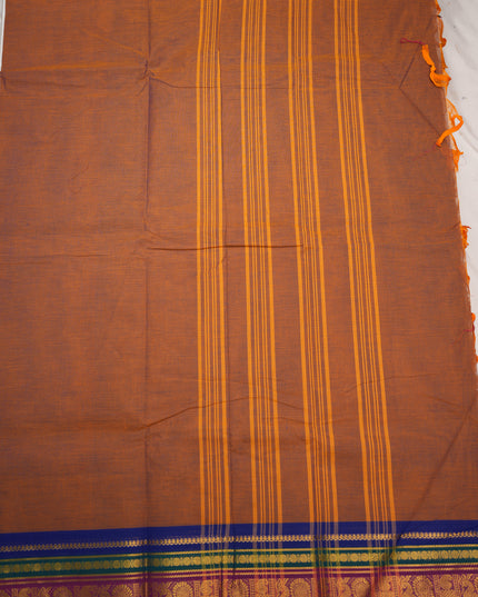 Premium Kanchi Handloom Cotton Saree in Rustic Copper Brown with Rich Gold Zari Paisley Weaving & Contrast Rani Pink-Emerald Green-Royal Blue Border