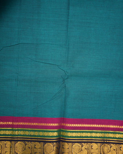 Premium Kanchi Handloom Cotton Saree in Peacock Teal Blue with Rich Gold Zari Paisley Weaving & Contrast Rani Pink-Emerald Green-Royal Blue Border