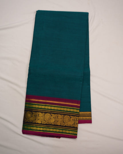 Premium Kanchi Handloom Cotton Saree in Peacock Teal Blue with Rich Gold Zari Paisley Weaving & Contrast Rani Pink-Emerald Green-Royal Blue Border