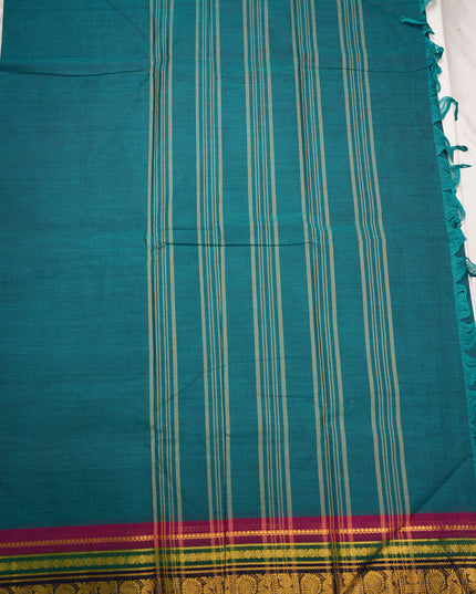 Premium Kanchi Handloom Cotton Saree in Peacock Teal Blue with Rich Gold Zari Paisley Weaving & Contrast Rani Pink-Emerald Green-Royal Blue Border