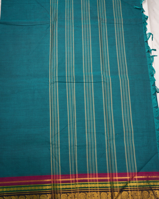 Premium Kanchi Handloom Cotton Saree in Peacock Teal Blue with Rich Gold Zari Paisley Weaving & Contrast Rani Pink-Emerald Green-Royal Blue Border