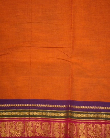 Premium Kanchi Handloom Cotton Saree in Rustic Burnt Orange with Rich Gold Zari Paisley Weaving & Contrast Rani Pink-Emerald Green-Royal Purple Border