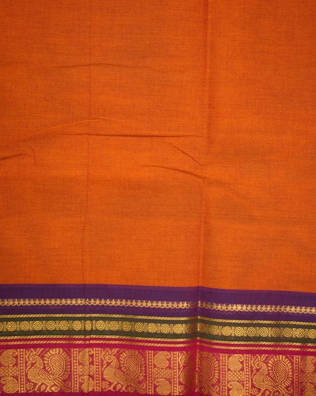 Premium Kanchi Handloom Cotton Saree in Rustic Burnt Orange with Rich Gold Zari Paisley Weaving & Contrast Rani Pink-Emerald Green-Royal Purple Border