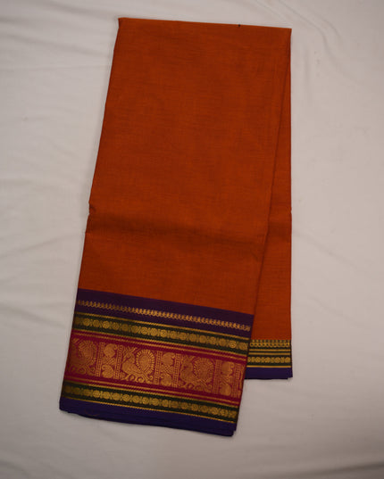 Premium Kanchi Handloom Cotton Saree in Rustic Burnt Orange with Rich Gold Zari Paisley Weaving & Contrast Rani Pink-Emerald Green-Royal Purple Border